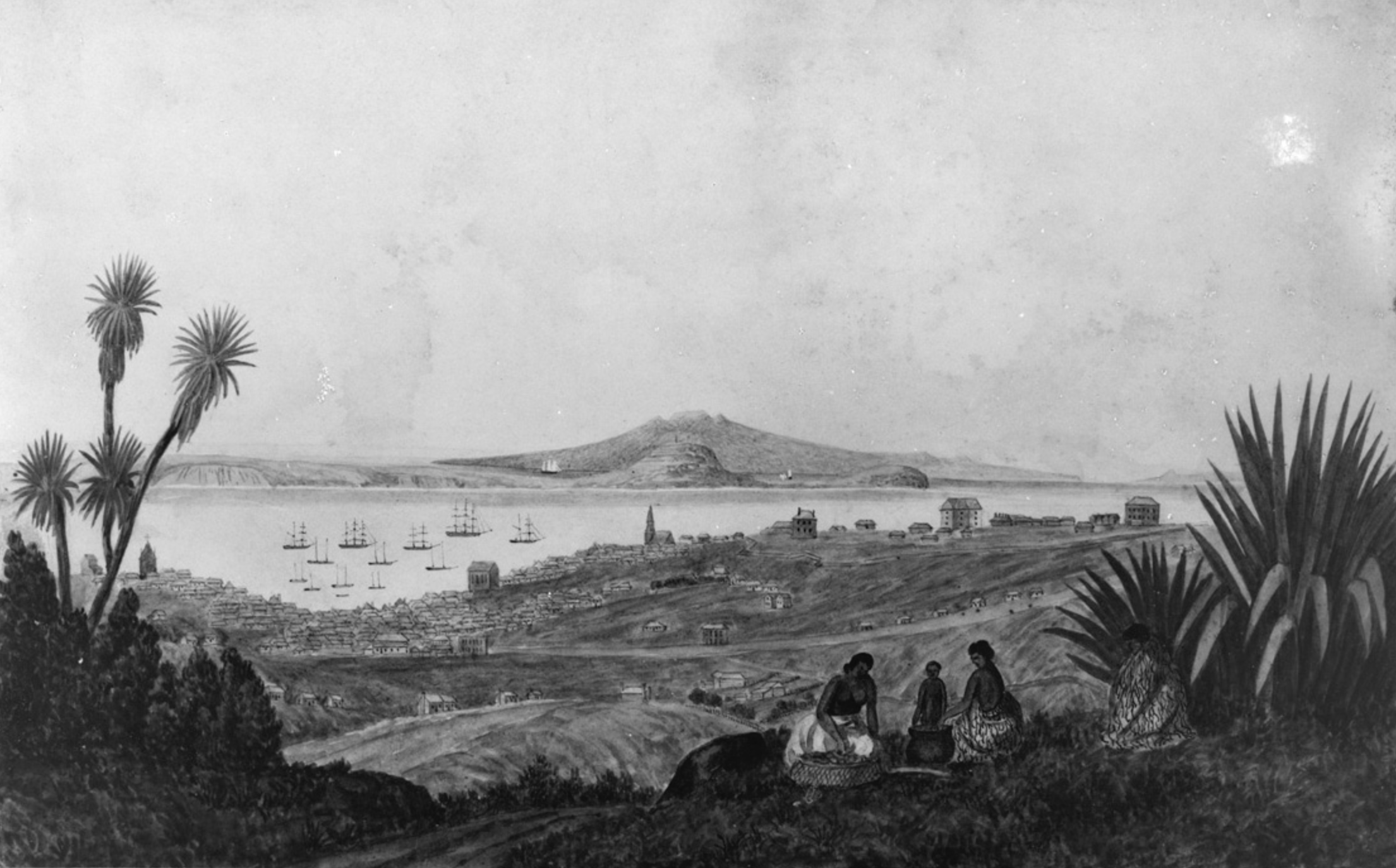 Looking North over Auckland city, 1840's. Sir George Grey Special Collections, Auckland Libraries.